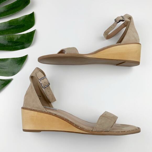 Steve Madden Kenmar Wood Wedge Sandals Ankle Strap Tan Faux Suede Women's 9.5 - Picture 7 of 12